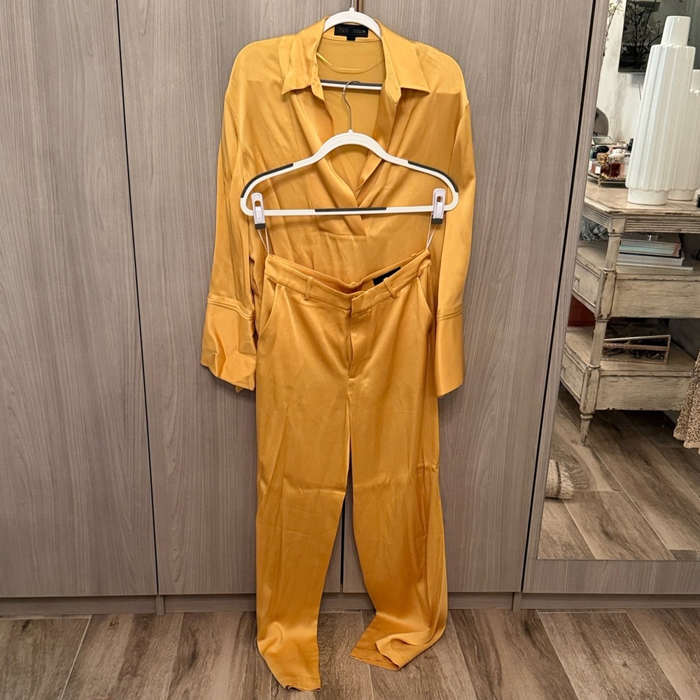 Zara Mustard Satin Wide-Leg Pants & Button-Front Shirt Set